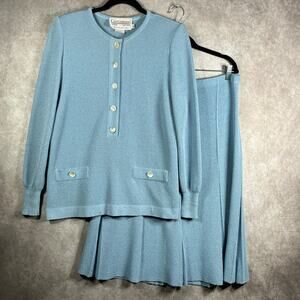Vintage Castleberry Skirt Set Womens 14 Blue Knit 2-Piece Cardigan‎ Skirt Career